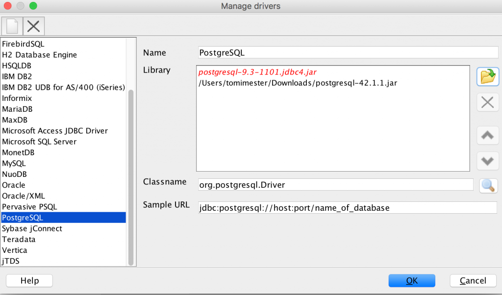 SQL workbench postgresql-42.1.1.jar driver defined