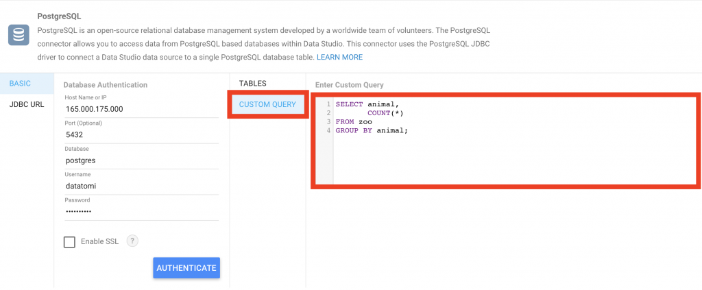 connect Google Data Studio to PostgreSQL - authenticate - CUSTOM QUERY ...