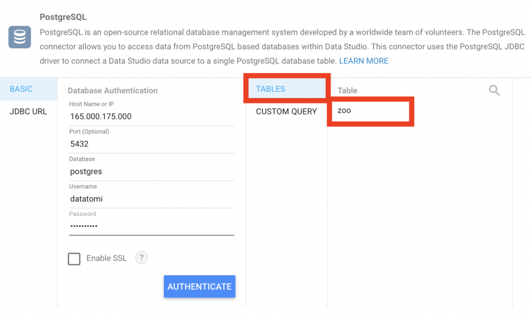 connect Google Data Studio to PostgreSQL - authenticate TABLES - Data36