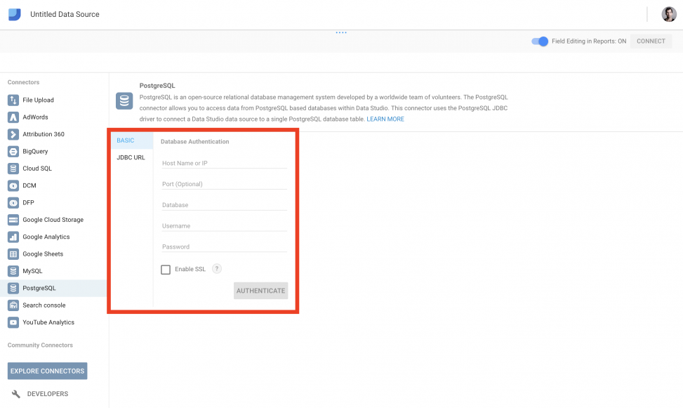 connect Google Data Studio to PostgreSQL - postgresql connector - Data36