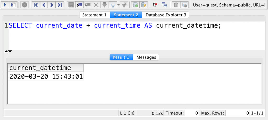 sql current date plus current time alias